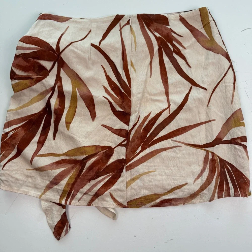 Tropical Palm Print Faux Wrap Mini Skirt Side Tie Cream Terracotta Large